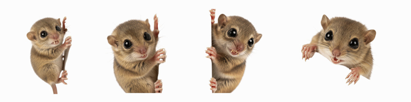 Collection of cute tiny dormice peeking and hanging on black background