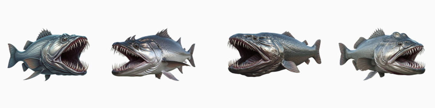 Collection of dangerous predatory deep sea fish with sharp teeth isolated