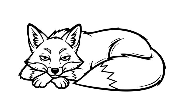 Mischievous fox cartoon line art black and white vector lying pose isolated on white background