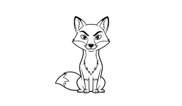 Cunning fox cartoon black and white line art vector with sly expression isolated on white background