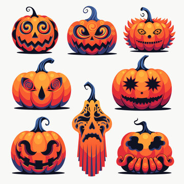 Whimsical Psychedelic Halloween Jack-O'-Lantern Vector Illustration Set.