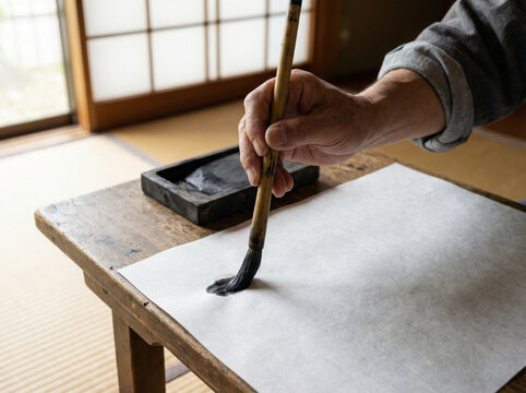 Japanese Calligraphy Shodo Artist Hand Holding Brush with Ink on Paper