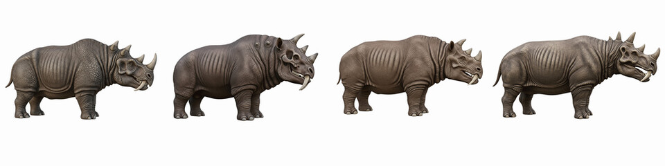 Fototapeta premium Collection of fantasy rhinoceros creatures with horns on black background