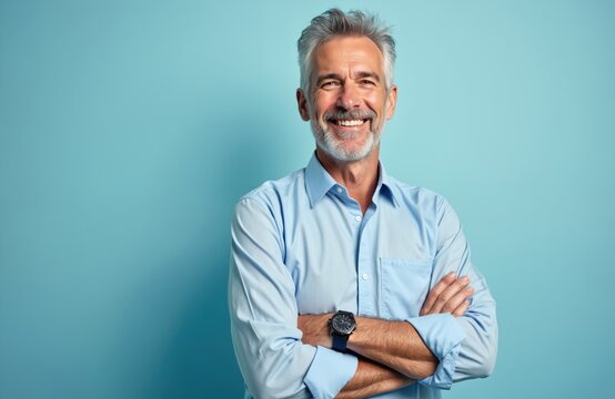 Mature man with grey hair and beard smiles happily. He wears a light blue shirt and watch. Crossed arms show confidence. Blue background, copy space available.