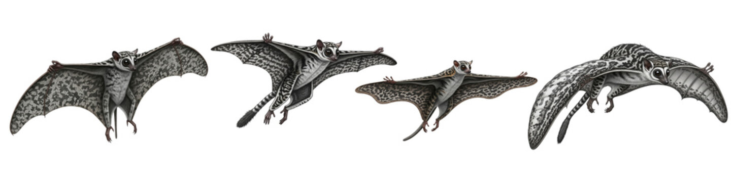 Collection of flying lemur illustrations gliding in the air on black