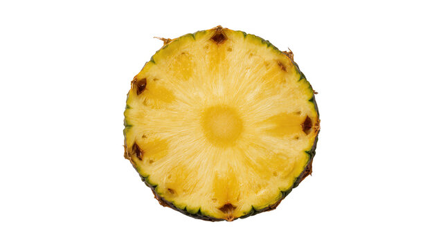 Fresh pineapple slice with yellow flesh and green rind, isolated on transparent background