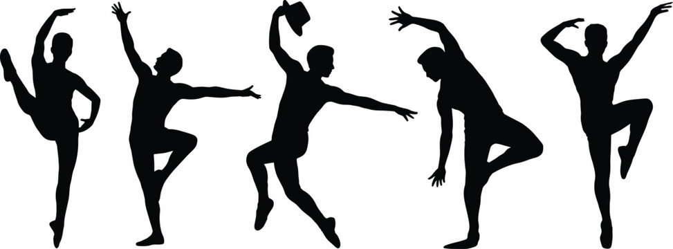 Five dancers in silhouette performing ballet poses