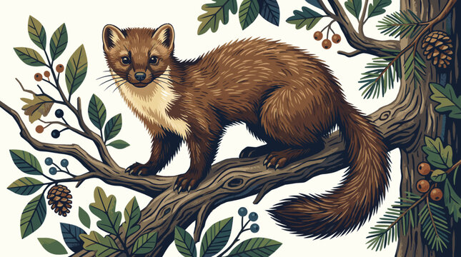 Detailed realistic vector illustration of a cute wild marten marder tier sitting on a forest tree branch with green leaves and pine cones in nature wildlife environment graphic art