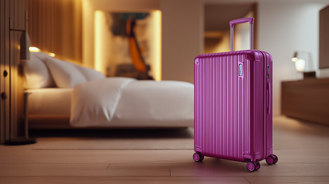 Pink hard-shell suitcase in modern hotel room beside bed, travel accommodation concept, vacation relaxation, tourist luggage, hospitality setting.