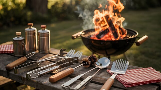 Outdoor barbecue grill with cooking utensils on wooden table in garden fire burning ready for summer picnic