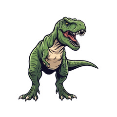 Fototapeta premium Full body illustration of a green Tyrannosaurus Rex dinosaur roaring with an open mouth and sharp teeth, isolated on a white background, prehistoric predator reptile vector art.