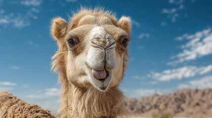 Fototapeta premium Close-up panoramic portrait of a cute camel sticking out tongue with happy smiling expression in desert, clear details under bright blue sky with natural soft light and vivid colors, ideal for travel