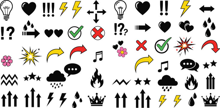 Collection of essential universal alert symbols and communication icons featuring various directional arrows and common expressions vector graphics