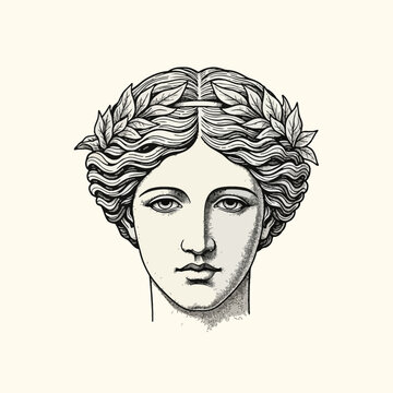 Hand-drawn black ink illustration of Aphrodite, the ancient Greek goddess of love, featuring a classical face with a laurel leaf wreath, stippled shading, and symmetrical line art.