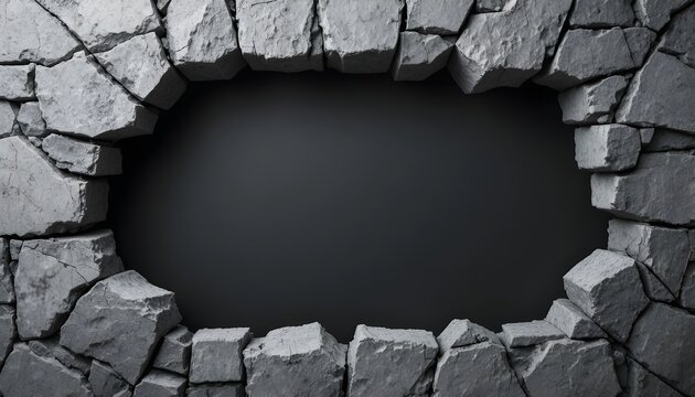 Dark stone frame opening with a mysterious black void center, creating a dramatic and cinematic background.