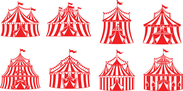 Collection of red and white striped circus tents with flags. Festive structures for entertainment events and carnival designs