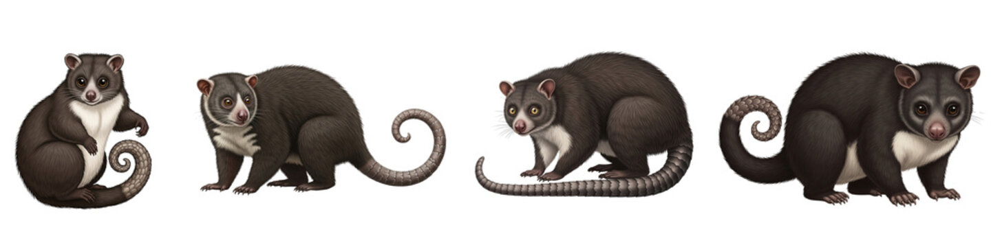 Collection of four cuscus marsupials in different poses on black background