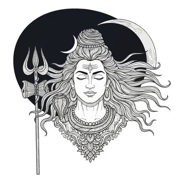 Elegant black and white line art illustration of Hindu deity Lord Shiva meditating with closed eyes, showcasing a trident, crescent moon, third eye, and flowing hair detail.