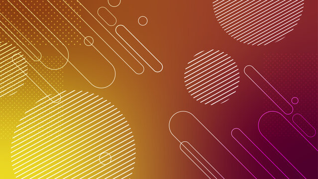 Vibrant orange and purple gradient background featuring Memphis style geometric elements circles and dashed lines for modern graphic design