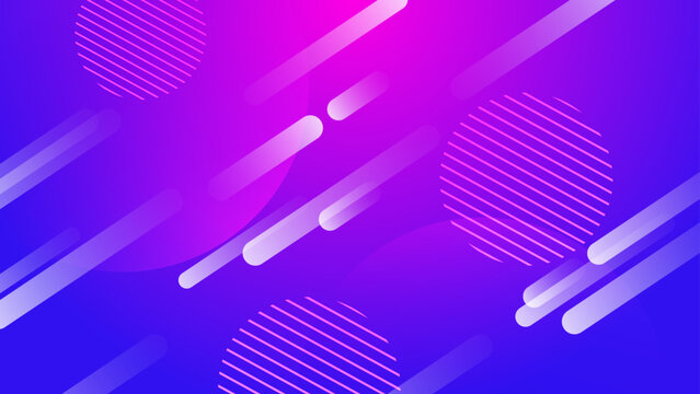 Futuristic neon purple and blue background with floating rounded shapes and striped circles creating a sense of movement