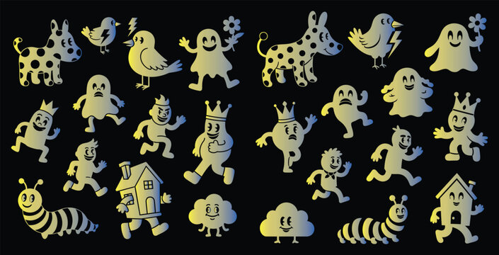 Diverse collection of simple cartoon characters including animals, ghosts, kings, and objects in motion poses