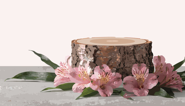 A vector graphic illustration of a tree stump surrounded by pink flowers and green leaves on a gray surface
