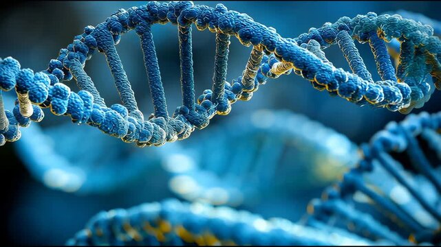 Blue DNA double helix structure with intricate details and textures, showcasing the molecular design in a scientific context against a blurred background