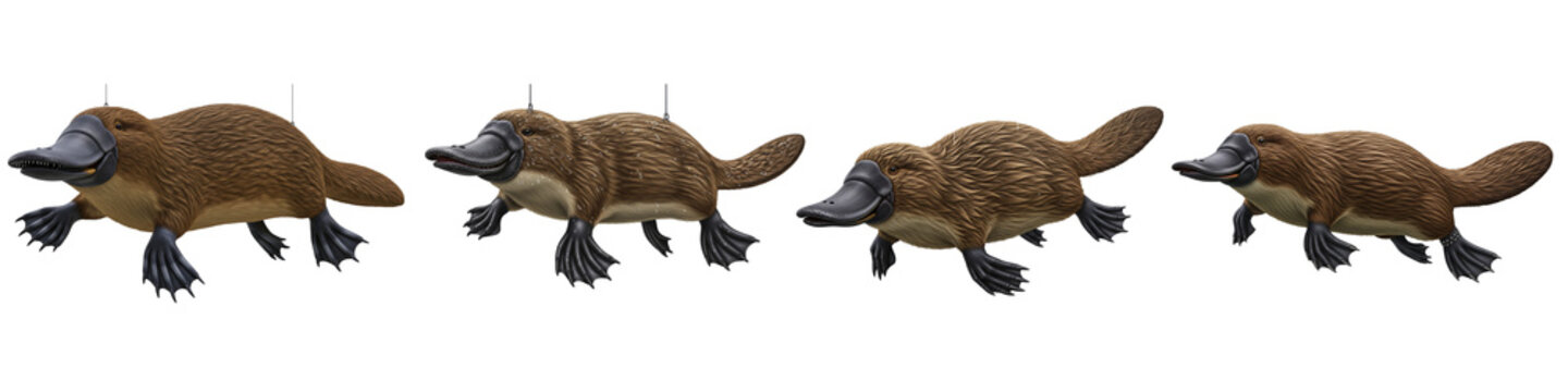 Collection of four duck-billed platypus swimming in water isolated on black