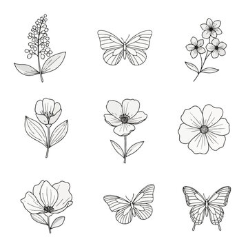Set of minimalist black and white line art vector icons featuring diverse spring flowers, botanical wildflower blossoms with leaves, and butterfly illustrations for floral design.