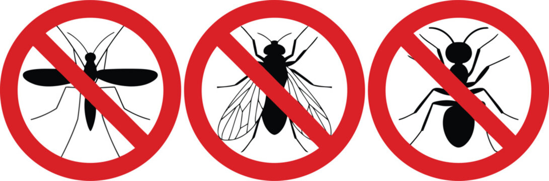 Warning signs indicating no mosquitoes, flies, and ants allowed vector illustration.