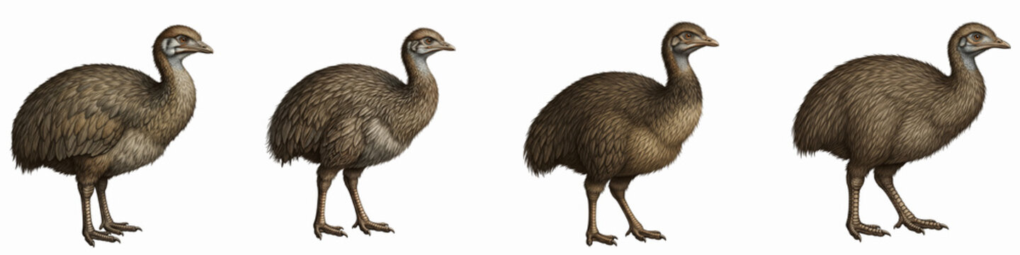 Collection of four emu birds standing in profile isolated on black background