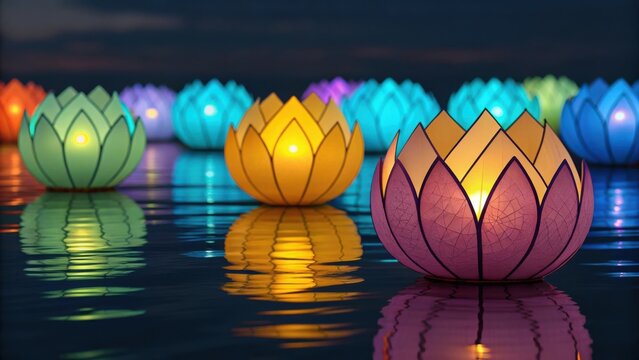 Vibrant lotus flower lanterns in various colors floating on water at dusk with reflections