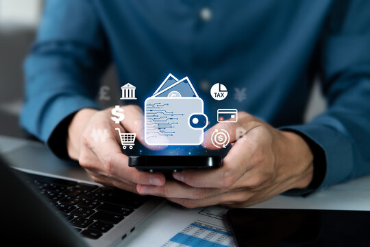 Business man use smartphone with Digital Wallet. online banking, mobile banking, shopping, payment, finance, bank, withdraw money, account, transfer, credit card, financial, global business.