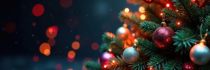 Obraz premium A majestic Christmas tree, glowing with multicolored lights and shiny ornaments , green, gold, red
