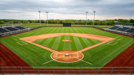 Fototapeta premium Aerial view of a professional baseball stadium with perfectly manicured green grass field and empty bleachers under a cloudy sky.