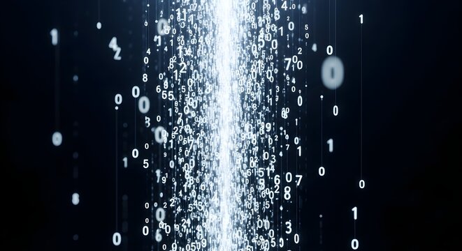 Dynamic stream of luminous binary code, representing the swift flow of digital information and processing in a technological realm