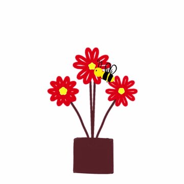 animation bee and red gerber flower in a vase