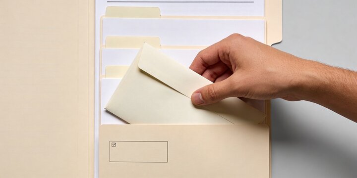 Hand placing sealed envelope into tabbed file folder for confidential document routing secure business communication and approval workflow