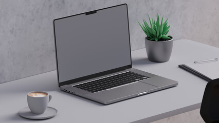 Fototapeta premium Workspace 3D render, close-up laptop side view.