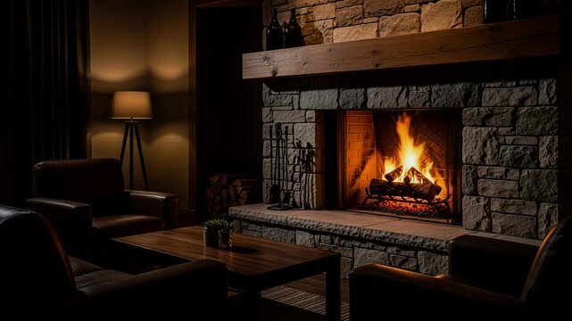 cozy living room fireplace with stone mantle and warm glow