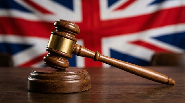 Wooden gavel rests on its sound block in front of a blurred Union Jack flag representing the British legal system and court justice proceedings in the United Kingdom.