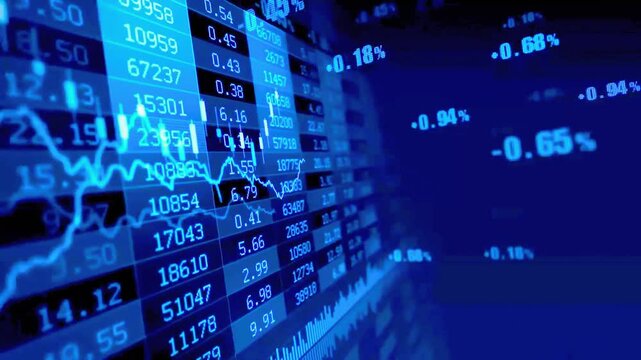 Blue digital stock market interface featuring real-time data charts and financial analytics for global trading concepts.

