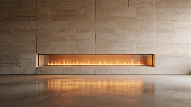 horizontal gas fireplace in stone wall interior with long flames