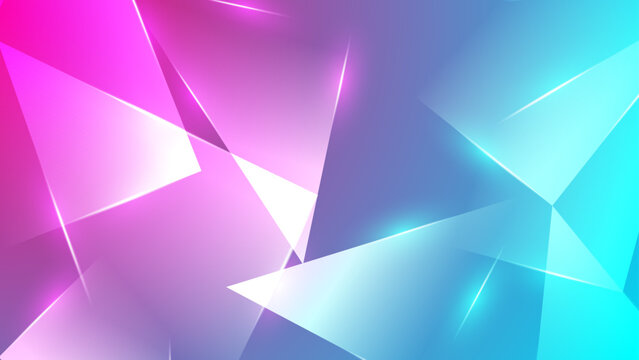 High tech abstract background with glowing blue and pink geometric glass shards and bright lens flare effects