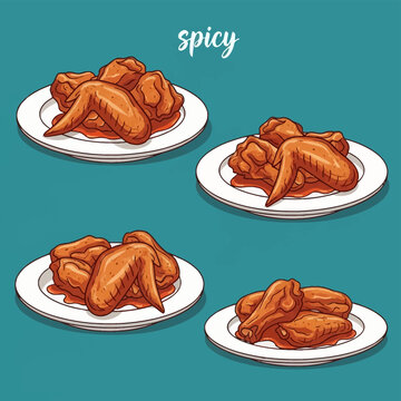 Vector illustration of four white plates containing spicy buffalo chicken wings coated in red hot sauce glaze, featuring the word spicy, isolated on a solid teal background.