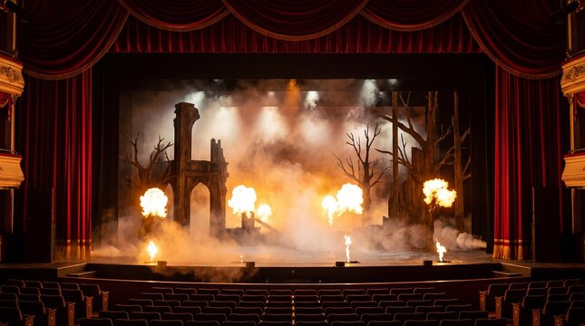 Stage pyrotechnic show with orange flames concept. A dramatic theater stage with smoke and flames creating suspense.