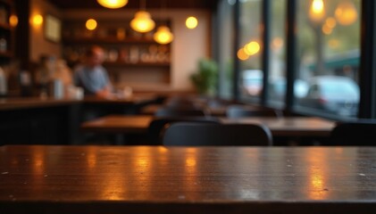 Fototapeta premium Dark wood table, blurred golden lights caf? setting , cafe, romantic, evening