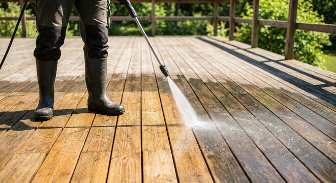Man power washing wooden deck for home maintenance