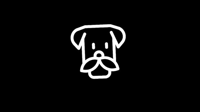 Simple white line drawing of a dog's face with a mustache on a black background