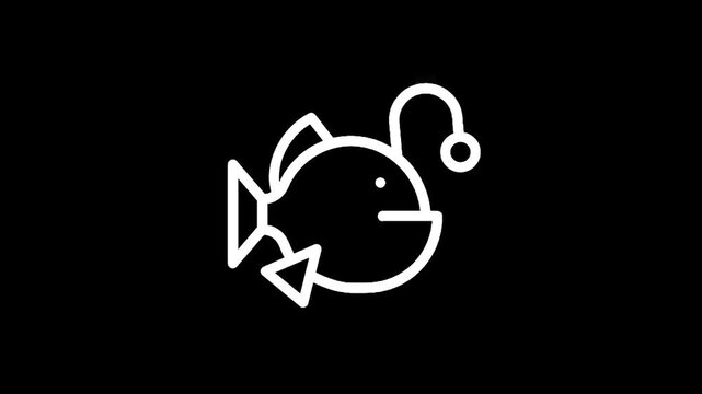 Stylized white line art of an anglerfish on a black background
